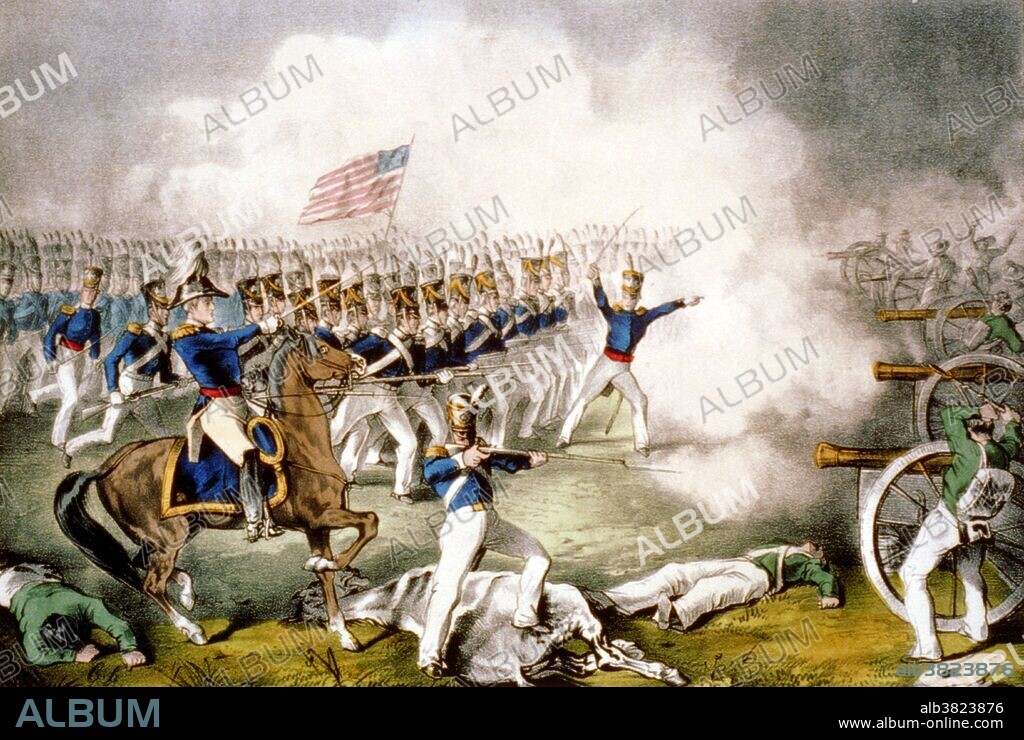"General Taylor at the battle of Palo Alto." The Battle of Palo Alto was the first major battle of the Mexican-American War and was fought on May 8, 1846, on disputed ground five miles from the modern-day city of Brownsville, Texas. A force of some 3,400 Mexican troops, a portion of the Army of The North, led by General Mariano Arista engaged a force of 2,400 U.S. troops. Taylor advanced his artillery to attack the enemy. It was this "Flying Artillery", the tactic of using light artillery to attack then quickly move to another location and fire once more, developed by Major Samuel Ringgold, that won the battle for the Americans. Ringgold died of wounds inflicted in the battle, but his death spurred a significant boost to morale across America. The Mexican-American War was an armed conflict between the United States of America and Mexico from 1846 to 1848 in the wake of the 1845 U.S. annexation of Texas. Combat operations lasted from spring 1846 to fall 1847.