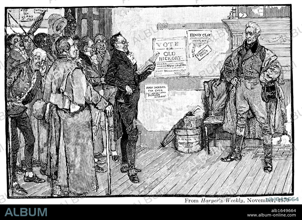 Andrew Jackson (1767-1845), 7th president of the USA (nickname 'Old Hickory'), as President-elect, 1828, receiving a complimentary address from admirers during his journey to Washington. Engraving from 'Harper's Weekly', 1879.