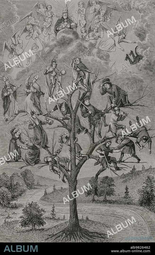 El Arbol de la Batallas. Alegoría representando las discordias que existían entre las diversas clases sociales durante la Edad Media. Grabado por Etienne Huyot y Jules Huyot a partir de una miniatura del siglo XV de "El Arbol de las Batallas", por Honoré Bouet. "Vie Militaire et Religieuse au Moyen Age et à l'Epoque de la Renaissance". París, 1877.