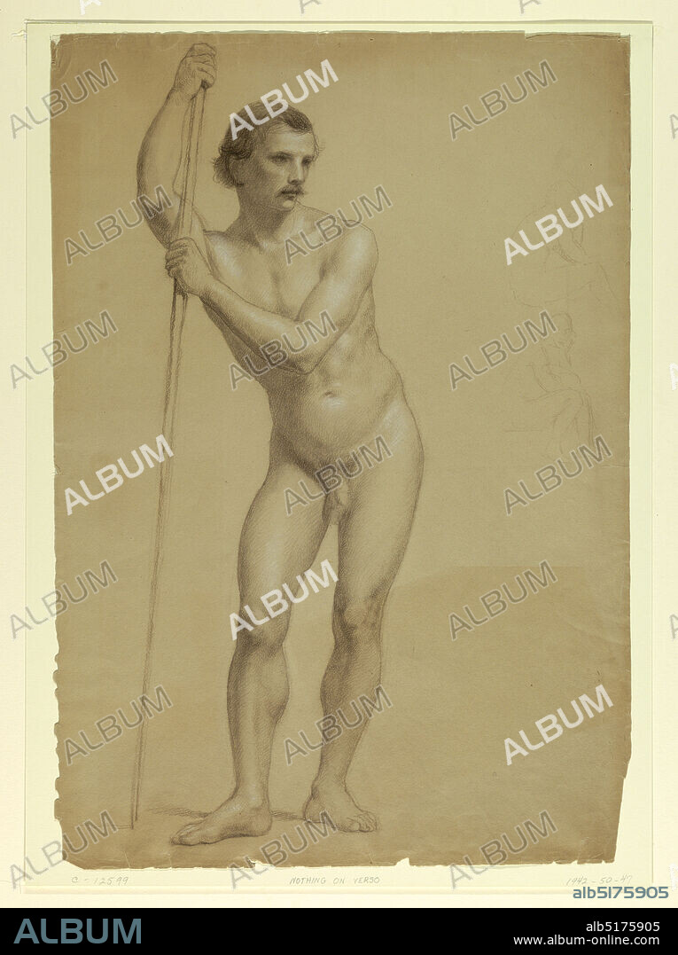 Standing Male Nude, Daniel Huntington, American, 18161906, Black and white chalk on light brown wove paper, Man standing facing frontally, head turned to the right, leaning on staff, to the left. Two seated male studies, at right., USA, 1866, figures, Drawing, Drawing.