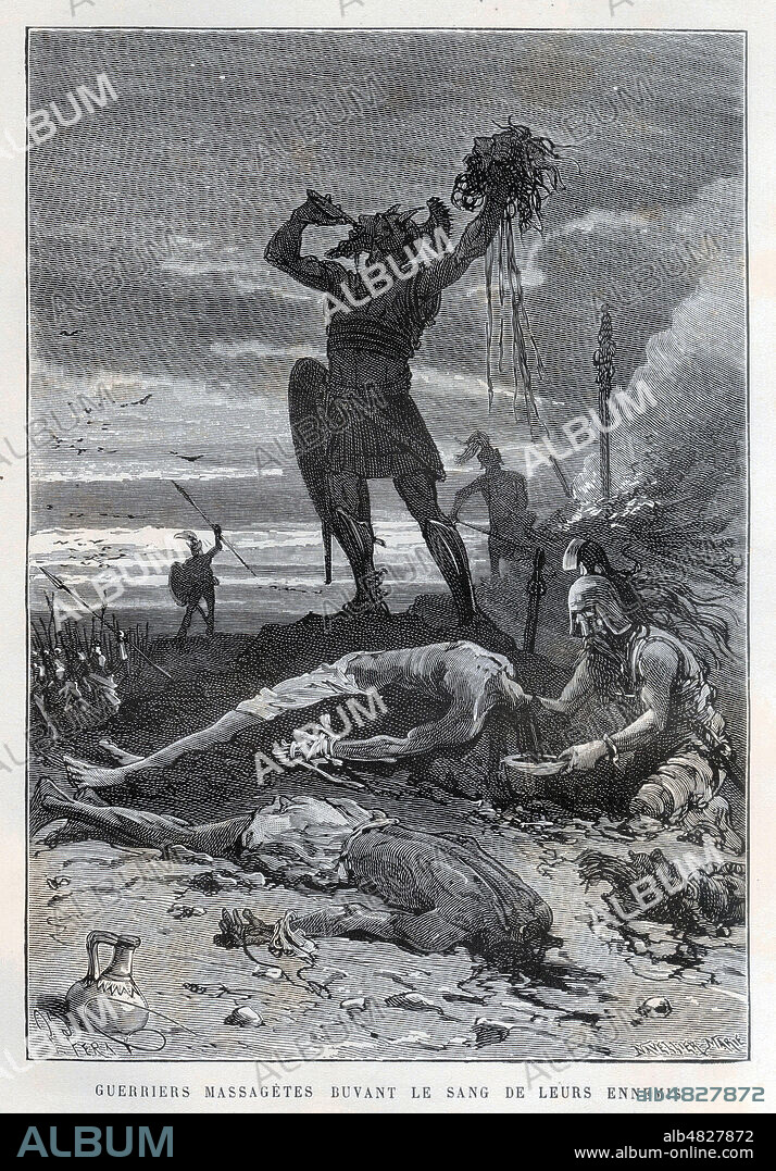 Guerriers massagetes buvant le sang de leurs ennemis. Illustration vers 1880 par Jules FERAT (ne en 1819) pour la 'Nouvelle histoire des voyages' de Richard CORTAMBERT (1836-1884). Credit : Collection KHARBINE-TAPABOR.