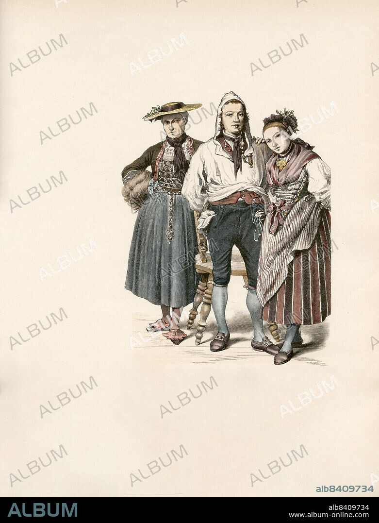 Swiss Costumes, Zug, Schwyz, Switzerland, late 18th Century, Illustration, The History of Costume, Braun & Schneider, Munich, Germany, 1861-1880.