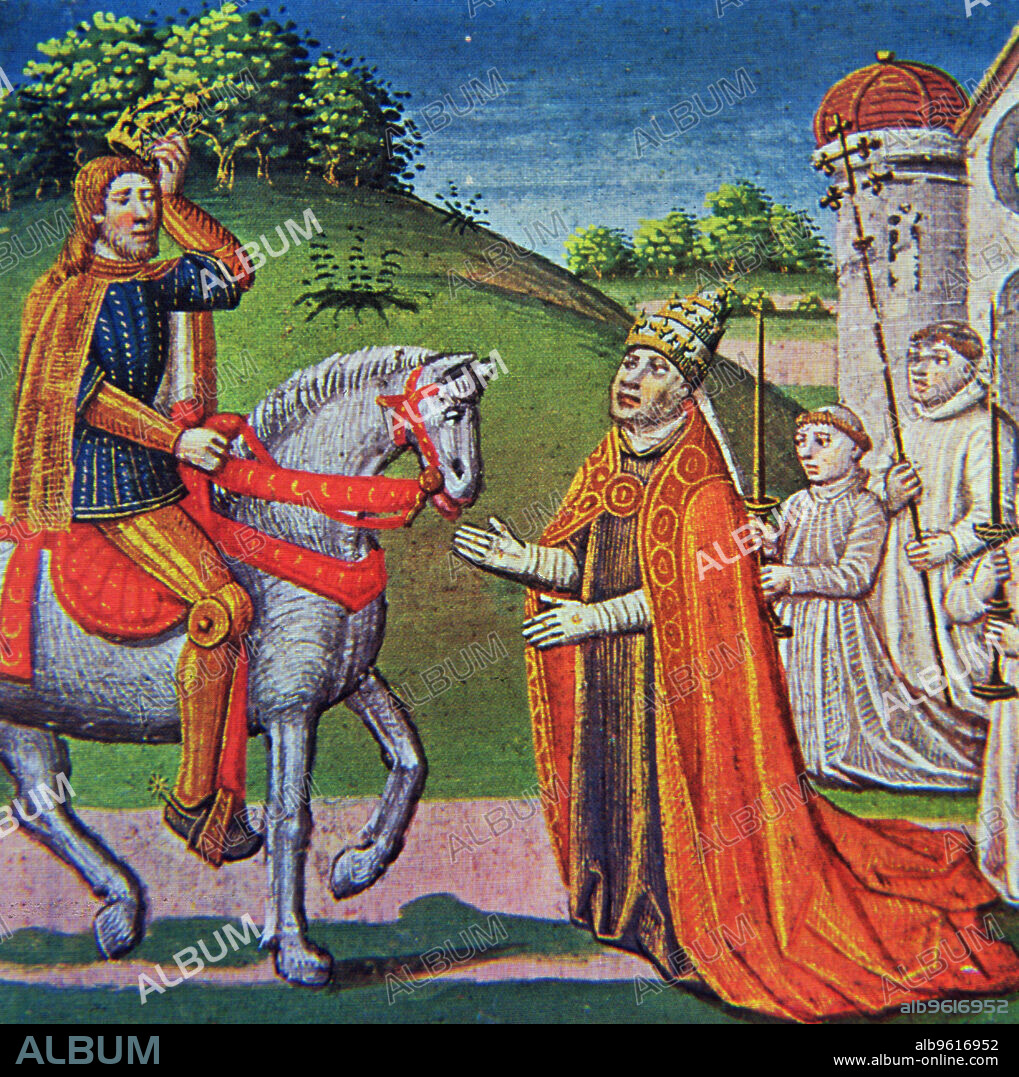 Meeting between Pope Adrian I and Charlemagne, miniature in the incunabula 'Chronicles of France', printed by A. Verard, Paris, 1493.
