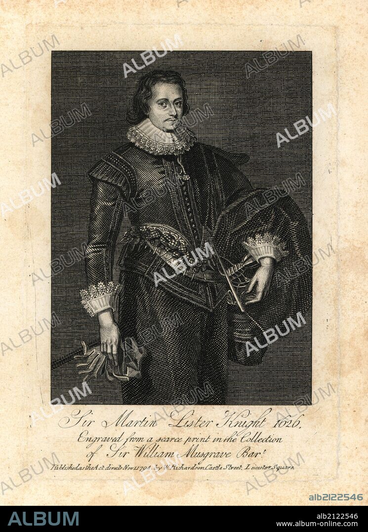 Sir Martin Lister Knight 1626. Engraved from a scarce portrait by R. White in the collection of Sir WIlliam Musgrave. Copperplate engraving from Richardson's "Portraits illustrating Granger's Biographical History of England," London, 1792–1812. Published by William Richardson, printseller, London. James Granger (1723–1776) was an English clergyman, biographer, and print collector.