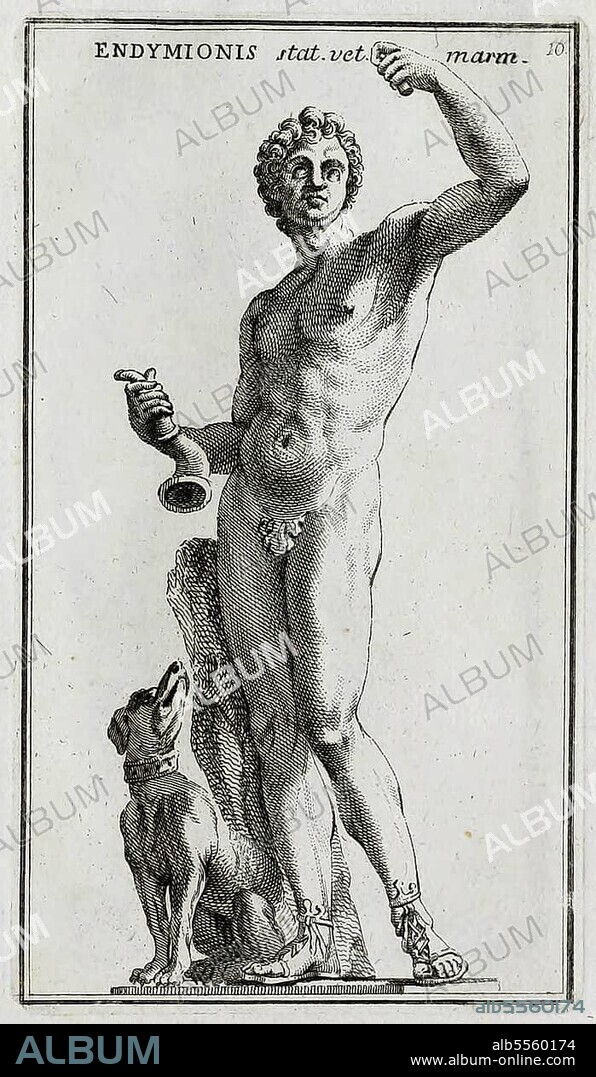 Endymion is the beautiful and eternally youthful lover of the moon goddess Selene in Greek mythology, historical Rome, Italy, digital reproduction of an 18th century original, original date not known