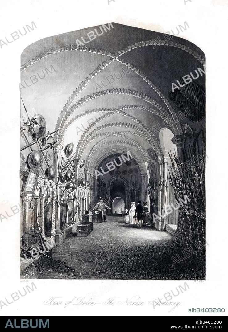Beefeater showing Victorian tourists the Norman Armoury or the Small Armoury in the Tower of London. Among the weapons and shields are medieval implements of torture. Steel engraving by Henry Melville after an illustration by B. Sly from London Interiors, Their Costumes and Ceremonies, Joshua Mead, London, 1841.