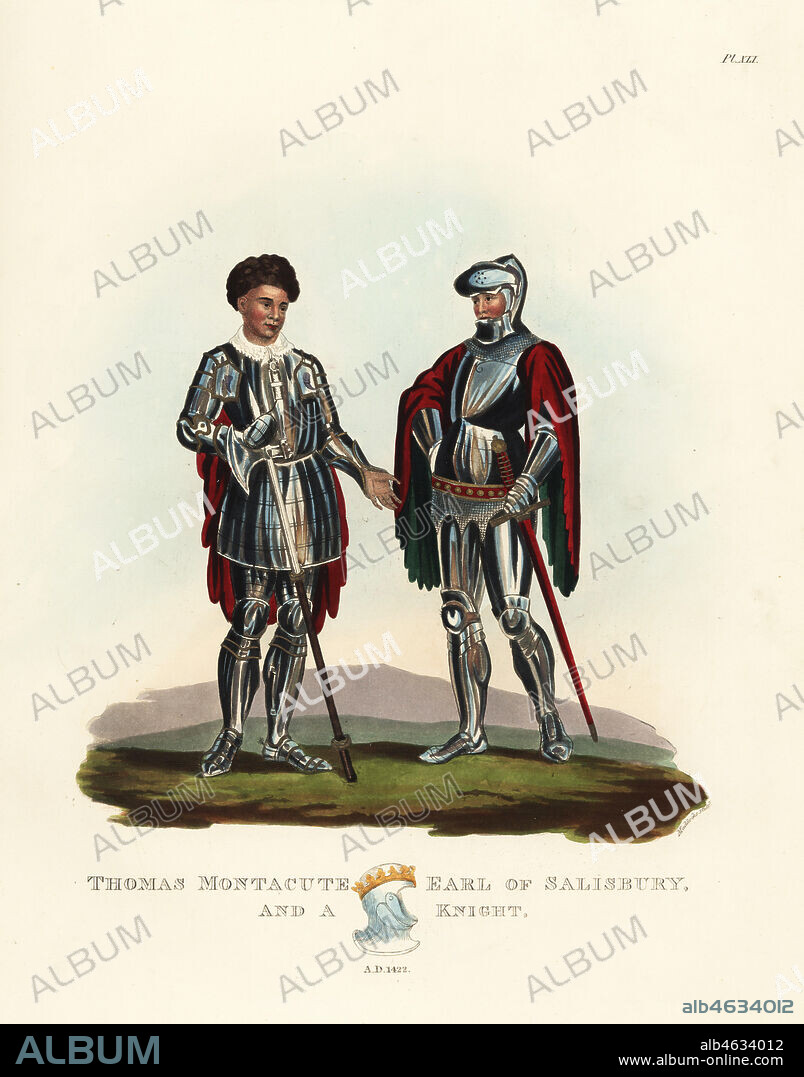 Thomas Montacute or Montagu, 4th Earl of Salisbury, English military commander during the 100 Years War and a knight, 1422. Montagu wears a fur hat, a suit of plate armour with ornamented palettes, a cloak and holds a pole-axe. A bevor helmet with overlapping chin plates at bottom. Handcoloured lithograph by Maddocks after an illustration by S.R. Meyrick from Sir Samuel Rush Meyrick's A Critical Inquiry into Antient Armour, John Dowding, London, 1842.