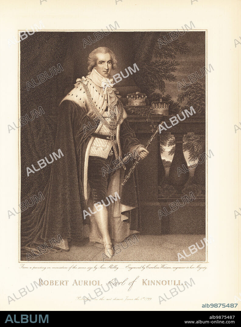 Robert Auriold, 10th Earl of Kinnoull, 1751-1804. Robert Hay-Drummond, Scottish peer and Lord Lyon King of Arms in coronation robes: ermine mantle, waistcoat, breeches, hose and buckle shoes, with coronets, collar, sword and baton. Copperplate stipple engraving by Caroline Watson after a miniature portrait by Samuel Shelley from Andrew W. Tuer's Bartolozzi and his Works, Field and Tuer, London, 1881.