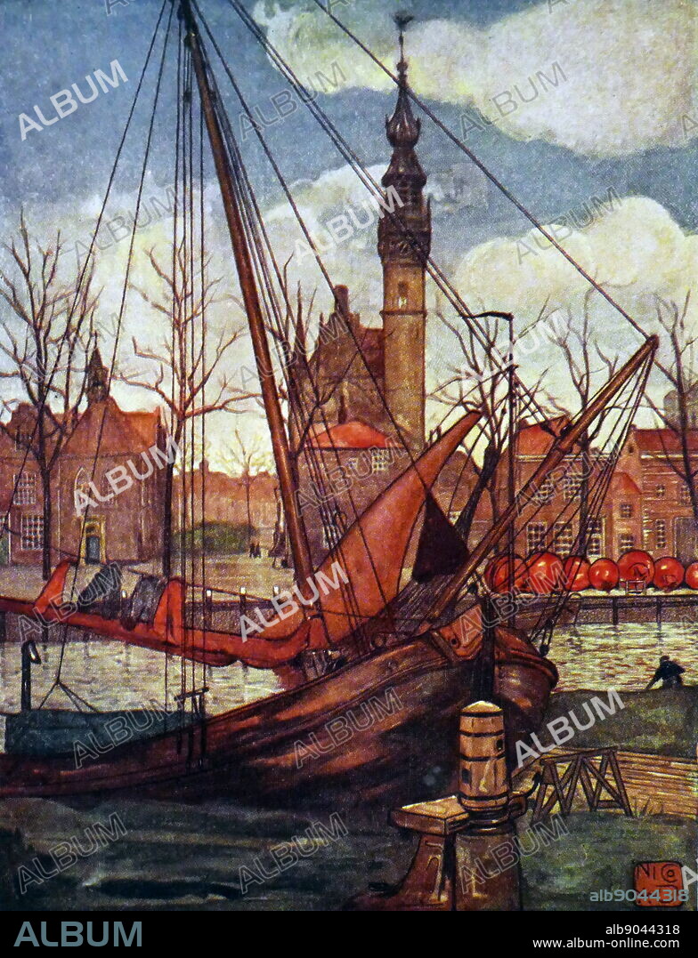 Painting titled 'Harbour Scene in Veer' by Nico Jungmann. Nico Jungmann (1872-1935) an Anglo-Dutch painter of landscapes and figural subjects. Dated 20th Century.