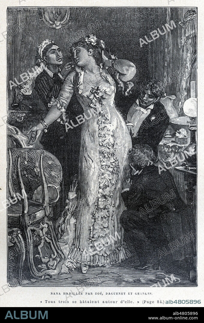 Nana habillee par Zoe, Daguenet et Georges. Illustration de Georges BELLENGER (1847-1918) pour Nana par Emile ZOLA (1840-1902). Credit : Collection Jonas/Kharbine-Tapabor.