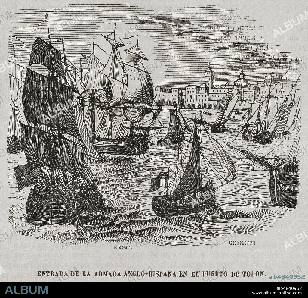 Francia. Guerras Revolucionarias Francesas. Sitio de Tolón,1793. Los españoles e ingleses mandados por Federico Gravina y sir Samuel Hood, defendieron la plaza de las fuerzas republicanas. Reinado de Luis XVII. Entrada de la armada anglo-hispana en el puerto de Tolón. Dibujo de Miranda. Grabado por Chamorro. "Historia del Levantamiento, Guerra y Revolución de España", por el conde de Toreno. Madrid,1851.
