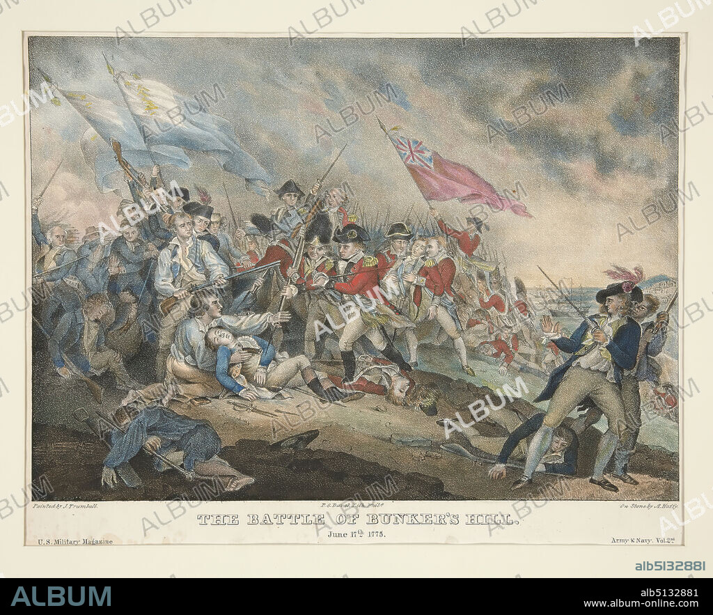 Lithographer: Alfred M. Hoffy, American, 17901860, After: John Trumbull, American, 17561843, Printer: Peter S. Duval, American, born France, 18051886, The Battle Of Bunkers Hill, Colored Lithograph, sheet: 23.6 × 28.5 cm (9 5/16 × 11 1/4 in.), Made in United States, American, 19th century, Works on Paper - Prints.