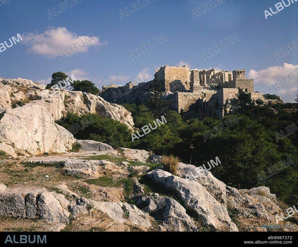 The Areopagus in Athens - The Areopagus or Areios Pagos is the 'Hill of Ares', north-west of the Acropolis, which in classical times functioned as the chief homicide court of Athens. Ares was supposed to have been tried here by the Gods for the murder of Poseidon's son Alirrothios (a typical example of an aetiological myth). In The Eumenides of Aeschylus (458), the Areopagus is the site of the trial of Orestes for killing his mother (Clytemnestra) and her lover (Aegisthus). ©TopFoto.
