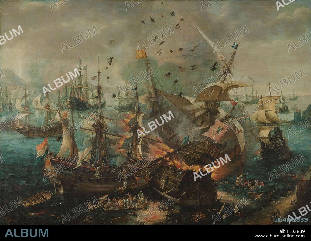 CORNELIS CLAESZ. VAN WIERINGEN y HENDRIK CORNELISZ. VROOM (REJECTED ATTRIBUTION). Battle of Gibraltar in 1607. The Explosion of the Spanish Flagship during the Battle of Gibraltar. The Explosion of the Spanish Flagship during the Battle of Gibraltar, 25 April 1607. Dating: c. 1621. Place: Haarlem. Measurements: support: h 136.8 cm × w 187 cm.