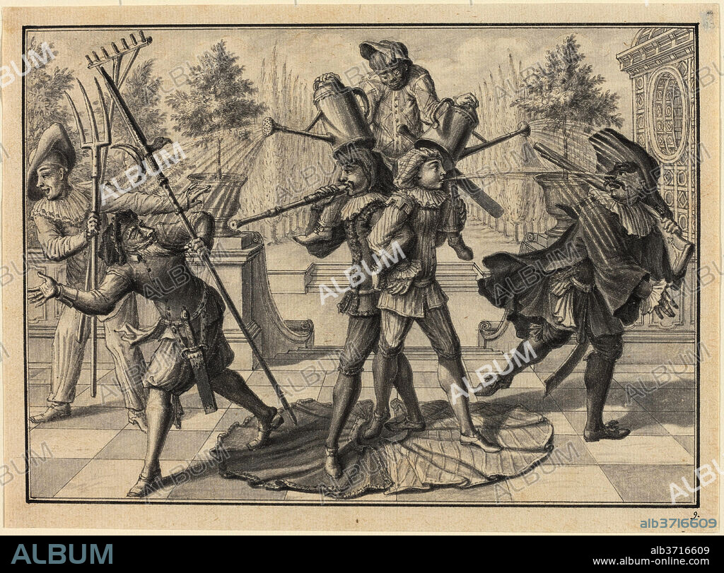 JOHANN JACOB SCHüBLER. Harlequin and Scaramouche Create a "Fountain". Dated: 1729. Dimensions: image: 12.3 x 17.5 cm (4 13/16 x 6 7/8 in.)  sheet: 13.5 x 18.5 cm (5 5/16 x 7 5/16 in.). Medium: pen and black ink and gray wash on laid paper, scored for transfer.