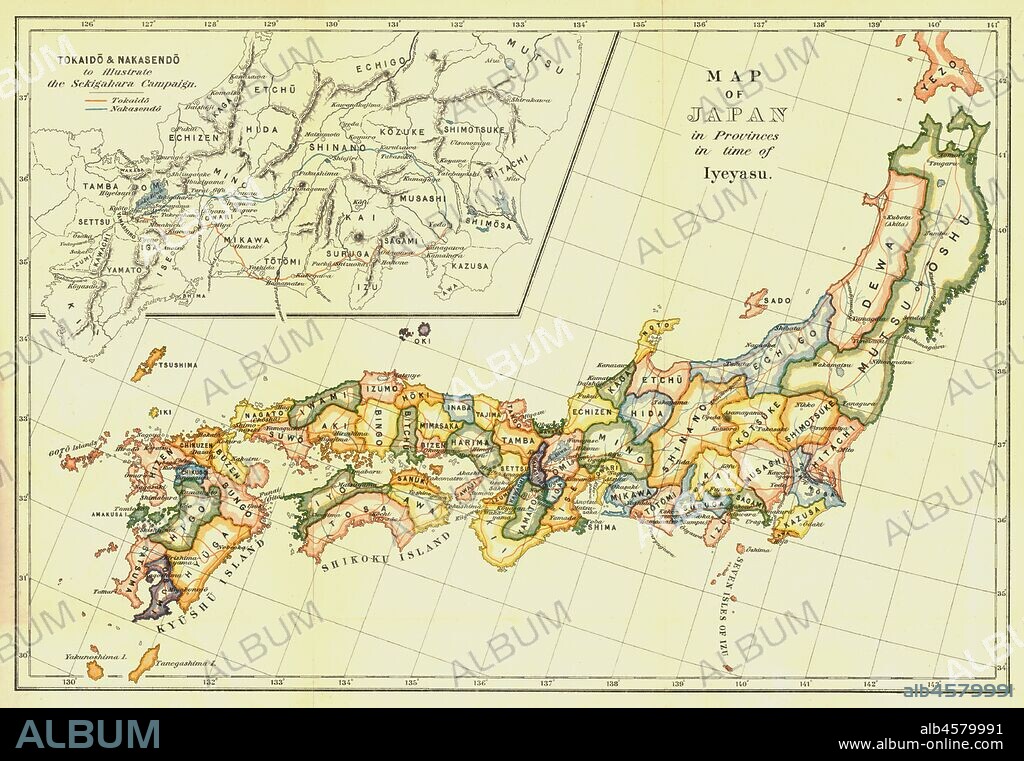 Map of Japan in Provinces in time of Iyeyasu', 1903. Tokugawa Ieyasu (1543-1616) first shogun of the Tokugawa shogunate which ruled Japan from 1600-1868 and is known as the Edo period. Leyasu chose to distance Japan from European influence, although granting trading rights to the Dutch East India Company, in 1614 he signed the Christian Expulsion Edict which banned the practice of Christianity.  From 'A History of Japan during the century of early foreign intercourse' (1542-1651) by James Murdoch, M.A. and Isoh Yamagata. [Kobe, Japan, 1903].