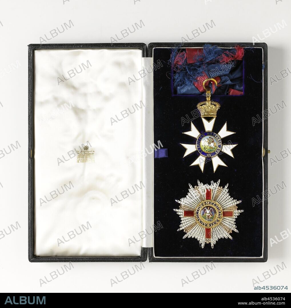 British knightly order (The Most Distinguished Order of St. Michael and St. George), received by Willem Drees, Black-leather box, with the letters 'GCMG' on the outside of the lid, in which the decorations of the Grand Cross (Knight Grand Cross) of The Most Distinguished Order of St. Michael and St. George, United Kingdom, granted to Prime Minister W. Drees, the order was established in 1818, has the reigning monarch as its head and is only granted to foreigners in exceptional cases. The decorations consist of an order mark with shoulder strap and an order star. The order mark is a seven-armed, white enameled gold star hanging from the crown of the empire. The middle medallion shows the archangel Michael in multiple colors on one side with a flaming sword trampling the devil, and has the caption 'Auspicium melioris aevi' (A collateral for better times), the reverse shows Saint George and the dragon and has the same inscription. The sign is connected with a ring on a blue shoulder strap with red stripes. The ordester is a seven-armed, brilliantly set silver star with golden beams between the arms, on which lies a red Saint George cross under the middle medallion, on which the archangel Michael with the same golden lettering on a dark blue background as on the order mark. The box is lined with white silk on the inside, the decorations are on a purple velvet elevation, under which the sling is placed., Netherlands, England, Willem Drees, Elizabeth II (Queen of England), Ltd Garrard & Co, London, c. 1818 - before 24-Jul-1958, d 8.8 cm w 7.1 cm w 10.1 cm l 89.8 cm w 14.7 cm h 5.2 cm w 14.8 cm × d 27 cm.
