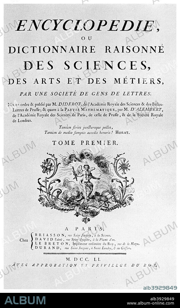 Title page of Denis Diderot's Encyclopedie, 1751 (1956). Diderot (1713-1784) was a prominent figure in the French Enlightenment. A print from Things, a volume about the origin and early history of many things, common and less common, essential and inessential, by Readers Union, the Grosvenor Press, London, 1956.