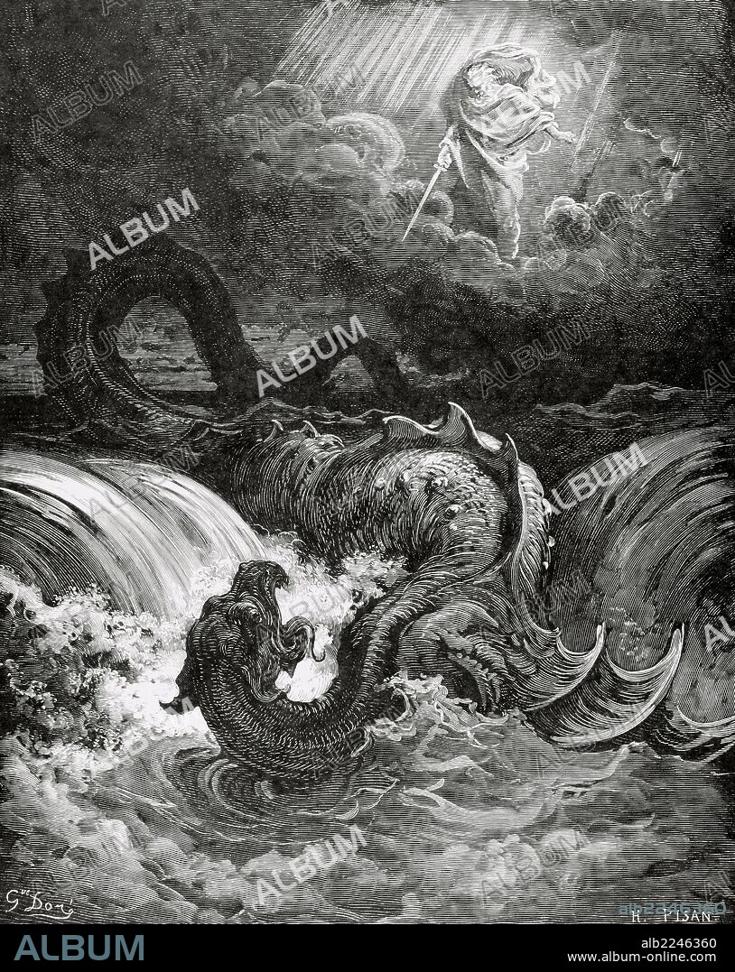 PAUL GUSTAVE DORÉ. Leviatan. Sea monster referenced in the Tanarkh or the Old Testament. Destruction of Leviathan, 1865. Engraving by Gustavo Dore_.