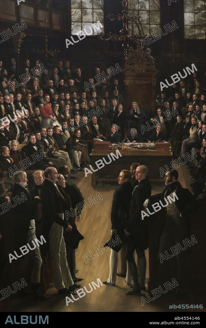 Ley de reforma de 1832 (Reform Act 1832). Ley del parlamento que introdujo cambios en el sistema electoral inglés y galés. Pintura por Sir George Hayter (1792-1871): "La Reforma de la Cámara de los Comunes,1833". Conmemora la aprobación de la ley de reforma de 1832. Muestra la primera sesión del 5 de febrero de 1833 celebrada en la Capilla de San Esteban, de la reformada Cámara de los Comunes. Oleo sobre lienzo firmado y datado entre 1833-1483. Detalle. National Portrait Gallery. Londres. Inglaterra.