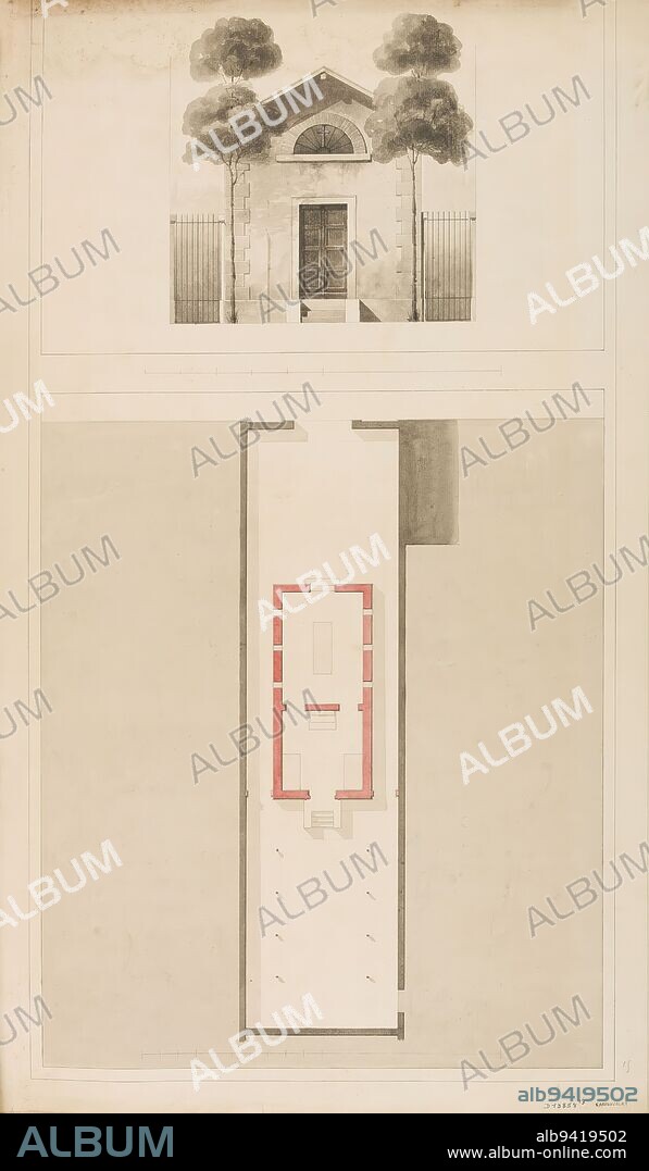 Beaujon Hospital, Clichy, Paris, France: elevation and plan of an annex building, Rohault de Fleury, Charles, Draftsman, Drawing, Graphic arts, Architectural drawing, Plan, section, elevation, Pencil, Pen, Black ink, Wash, Height: 61.8 cm, Width: 36.2 cm.