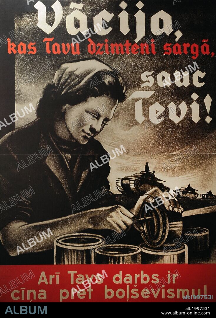 HISTORIA. II GUERRA MUNDIAL. OCUPACION NAZI DE LETONIA (1941-1944). Cartel propagandístico nazi, invitando a los letones a soliciar empleo en la industria de guerra alemana. Riga, 1942. Museo de la Ocupación. Riga. Letonia.