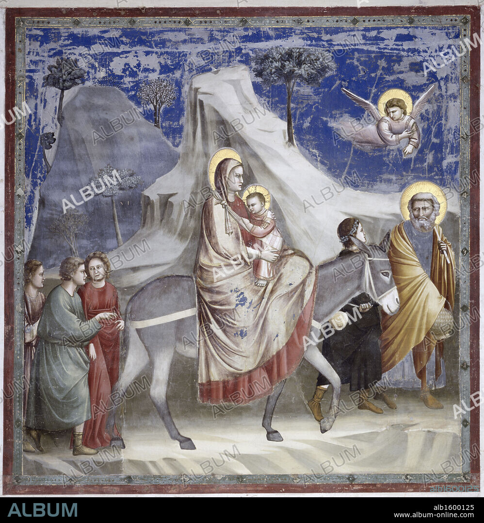 GIOTTO DI BONDONE. Flight into Egypt  1303-1305  Giotto (ca.1266-1337 Italian)  Fresco  Arena Chapel, Padua, Italy.