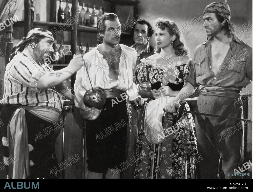 JOSE JASPE, MANUEL REQUENA y ROSITA YARZA en PIRATA BOCANEGRA, 1946, dirigida por RAMON BARREIRO. Copyright CELTIGA FILMS.