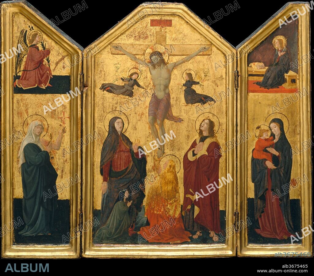 The Crucifixion. Artist: Paolo Uccello (Paolo di Dono) (Italian, Florence 1397-1475 Florence). Dimensions: Shaped top, central panel, overall, with engaged frame, 18 x 11 in. (45.7 x 27.9 cm); central panel, painted surface 16 1/2 x 9 1/2 in. (41.9 x 24.1 cm); left wing, overall, with engaged frame, 18 x 5 5/8 in. (45.7 x 14.3 cm); left wing, painted surface 16 1/2 x 4 1/4 in. (41.9 x 10.8 cm); right wing, overall, with engaged frame, 18 x 5 1/4 in. (45.7 x 13.3 cm); right wing, painted surface 16 1/2 x 3 3/4 in. (41.9 x 9.5 cm). Date: probably mid-1450s.
Uccello is best known for his battle scenes for the Medici palace and for frescoes in the cloister of Santa Maria Novella, Florence; however, he also painted small devotional panels. This portable triptych includes the depiction of a nun of the Brigitine order at the foot of the cross, identified by an inscription as Sister Felicity. It was for her private devotions in her cell at the Brigitine convent of Santa Maria del Paradiso near Florence that the triptych was painted. A Felicità di Francesco Casavecchia joined the order in January 1455, which is about the date of the painting.