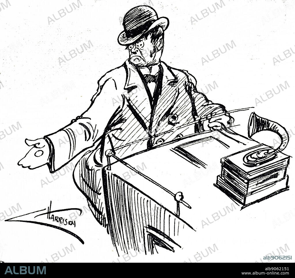Cartoon depicting a proposed use of the Edison phonograph - the introduction of taximeters to London cabs. A phonograph is the mechanical recording and reproduction of sound. Invented by Thomas Edison (1847-1931) an American inventor and businessman. Dated 20th century.