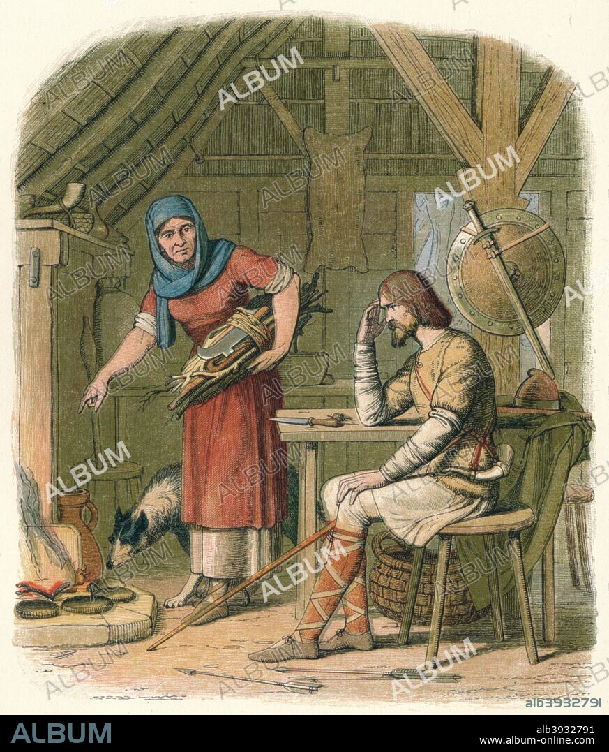 'Alfred in the neatherd's cottage', 1864. King Alfred the Great was King of Wessex from 871 to 899. Here, sitting in a cottage he is interrupted by the neatherd's wife, who scolds the king for allowing cakes to burn on the hearth.  From A Chronicle of England B.C. 55 - A.D. 1485 by James E. Doyle. [Longman, Green, Longman, Roberts & Green, London, 1864].