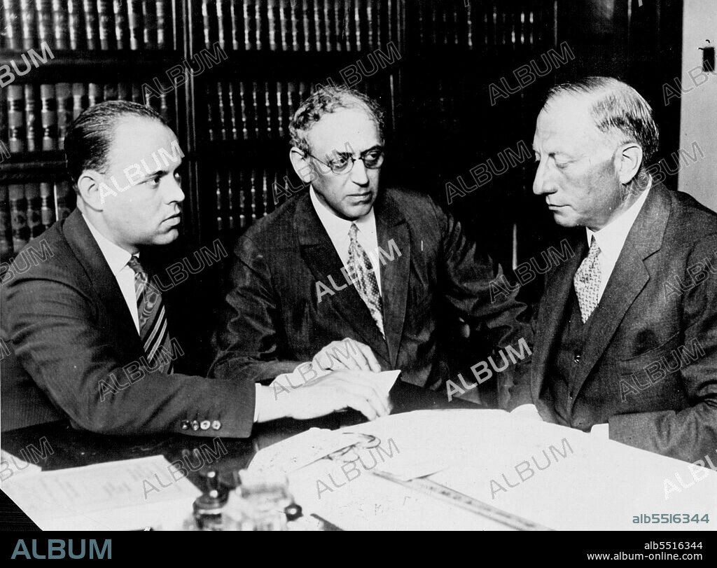 Prominent Figures In Trail Of Franks Slayers : Who are much in the Lime light at the trail of Richard Loeb and Nathan Leopold, Jr., The two youths who pleaded guilty to the murder of ***** year old Robert Franks. At the left is Allen Loeb, brother of Richard Loeb; In the center is their Uncle, Jacob Loeb, at the right is Benjamin Bachrach, one of the staff of legal experts defending the two youths. July 23, 1924. (Photo by International Newsreel Photo).