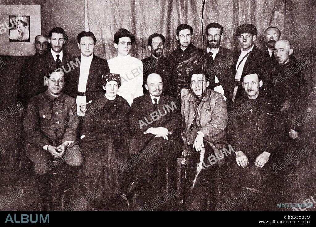 Vladimir Lenin with a group of employees of "Tsentropechat", who worked on recording his speeches on gramophone records. Moscow, 1921.