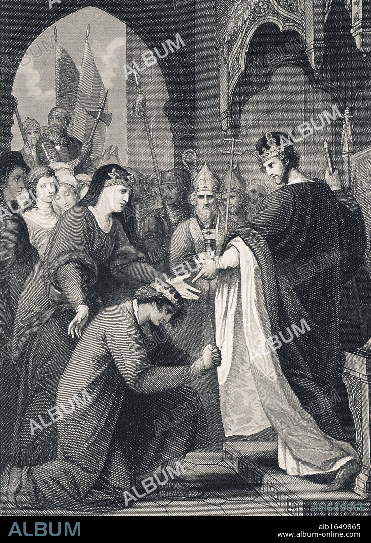 John submits to his brother King Richard I while their mother Eleanor of Aquitane looks on. From The National and Domestic History of England by William Aubrey published London circa 1890.