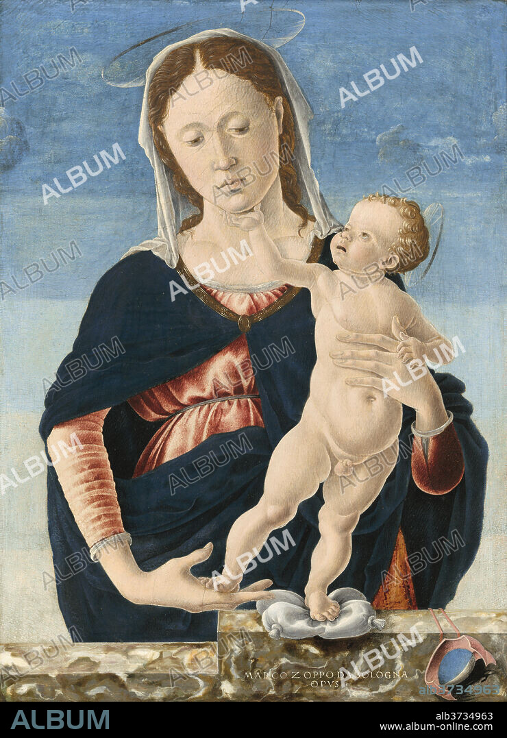 MARCO ZOPPO OR IMITATOR. Madonna and Child. Dated: c. 1467/1468. Dimensions: painted surface: 41.2 x 29.8 cm (16 1/4 x 11 3/4 in.)  overall (with engaged frame): 47 x 35.7 cm (18 1/2 x 14 1/16 in.). Medium: tempera on poplar panel.