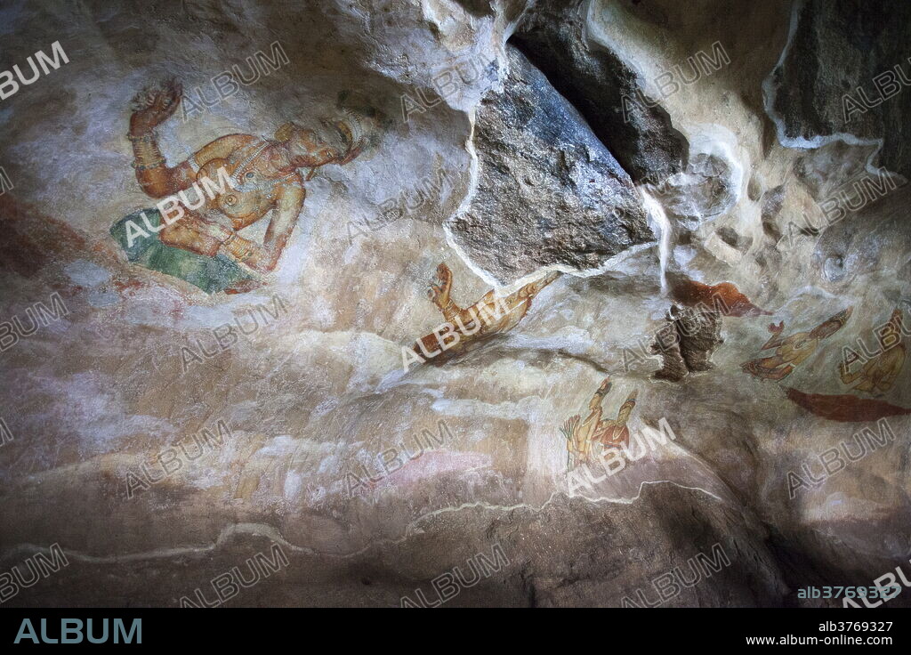 Sigiriya (Lion Rock) frescoes or ancient wall paintings, UNESCO World Heritage Site, Sri Lanka, Asia.