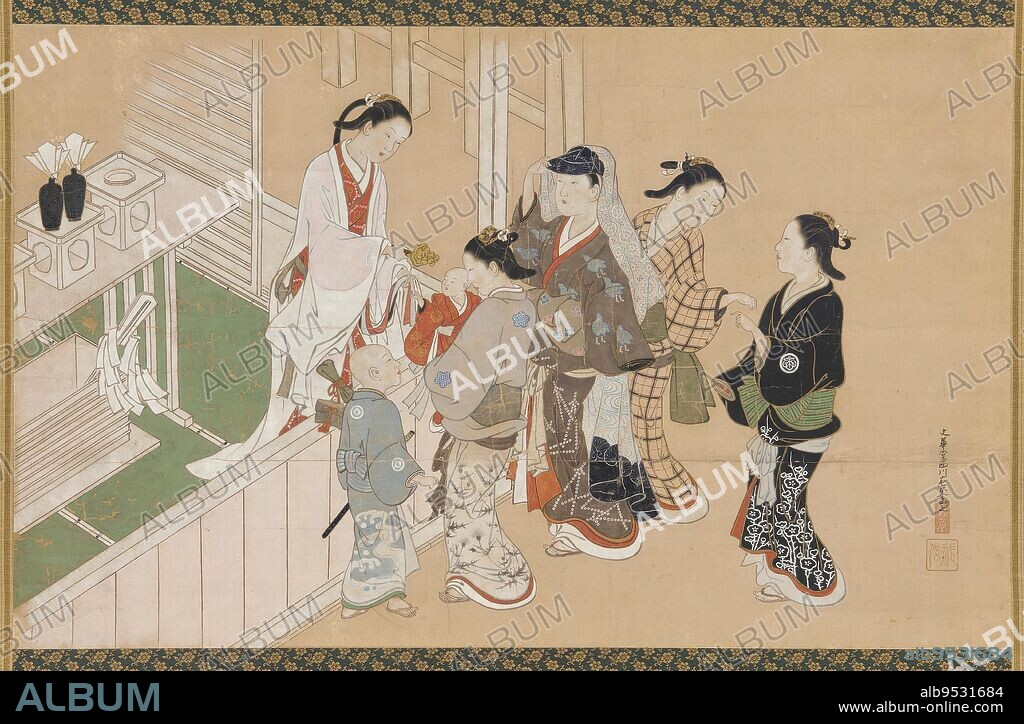 SUKENOBU NISHIKAWA. Infant's first visit to a Shinto shrine. Date: late 17th-early 18th century. Origin: Japan. Period: Edo period. Full color on paper.