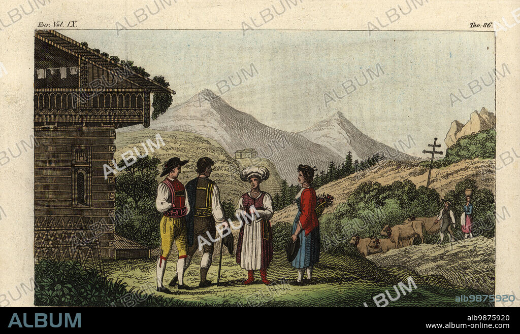 Farmers of the town of Salzburg, Austria, 18th century. Contadini del Salisburgh. Handcoloured copperplate engraving by Antonio Verico from Giulio Ferrarios Costumes Ancient and Modern of the Peoples of the World, Il Costume Antico e Moderno, Florence, 1844.