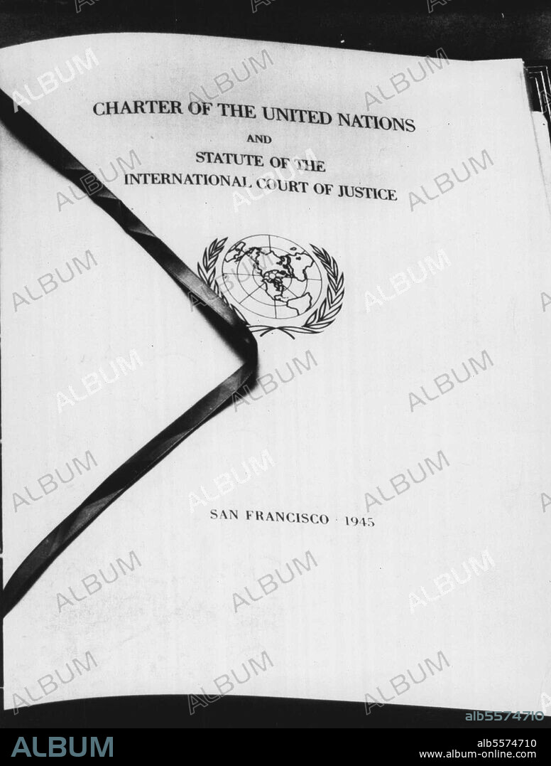 Title Page Of United Nations Chapter -- This is the title page of the United Nations charter signed here June 26 at the conclusion of the United Nations conference. June 28, 1945. (Photo by AP Wirephoto).