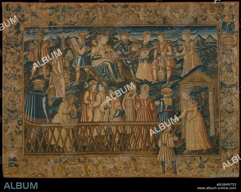 The Garden of False Learning from The Table of Cebes. Culture: French. Designer: Based on a woodcut by David Kandel (German, ca. 1520-ca. 1596). Dimensions: H. 110 1/2 x W. 153 1/8 inches (280.7 x 388.9 cm). Date: 1550-80.
This needlepoint hanging depicts a scene from the Tabula Cebetis (The Table of Cebes), a treatise long wrongly believed to have been written by Socrates' disciple Cebes that enjoyed great popularity as a Latin reader in Europe in the sixteenth and seventeenth centuries.  The text describes a painting displayed in the Temple of Saturn in Thebes that showed the journey through life and the pathway to true happiness. This hanging depicts the penultimate episode in the journey: the protagonist is beckoned from his path by a woman representing False Learning. Elegant figures in courtly dress are distracted from true wisdom and happiness by dedicating too much energy to the pursuit of knowledge through debate, philosophy, geometry, astrology and alchemy, geography, astronomy, arithmetic, and music.
This hanging is one of a set of three (the others are in the Musée Jacquemart-André, Paris and the Metropolitan Museum). Their design was adapted from a woodcut illustrating The Table of Cebes made by David Kandel of Strasbourg in 1547. Notwithstanding the difference in scale (the woodcut is just over 12 by 15 inches), the designer of the embroidery borrowed the principal figures from the woodcut's central scene, inventively adding a warm palette of greens, reds, and yellows. The whole is enclosed by an imaginative border of cavorting grotesques and includes the coat of arms of the De Fenis de Prade family surrounded by the collar of the Order of Saint Michael (upper left) and a second unidentified armorial enclosed by a widow's cordeliere (upper right). With its monumental scale, this needlework is a rare surviving example of a fashion for embroideries that emulated the scale and appearance of tapestries, their more expensive woven counterparts.