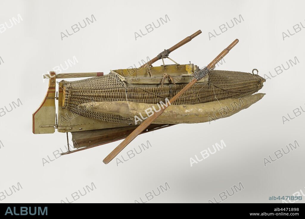 Life Boat, Single lifeboat with rowing and sailing power, incomplete. The hull consists of basketwork filled with cork, braided around a zinc bowl with wooden edges and wooden bench. Under the bench a box with inscription. The hull has a truncated pointed bow and a rudder mirror with tiller on the stern. It is built on a wooden keel, to which a hinged fin keel of iron and tarpaulin is attached, the keel has a notch before, probably for a fall mechanism. On both sides of the hull a sausage-shaped float made of canvas filled with crutch. There are two oars that are hung on foldable oars. A mast track and mast sleeve in the cockpit indicate that the vessel originally also had a sail rig. The woodwork is decorated with polychromed ornaments. Burman called this invention a 'Fish Life Buoy.', H.W. Burman (mentioned on object), Flemington (Australia), 1870 - 1885, wood (plant material), cork, zinc, iron (metal), textile materials, leather, rope, h 70 cm × w 240 cm × d 112 cm oars: l 170 cm h 80 cm × w 225 cm × d 84.5 cm.