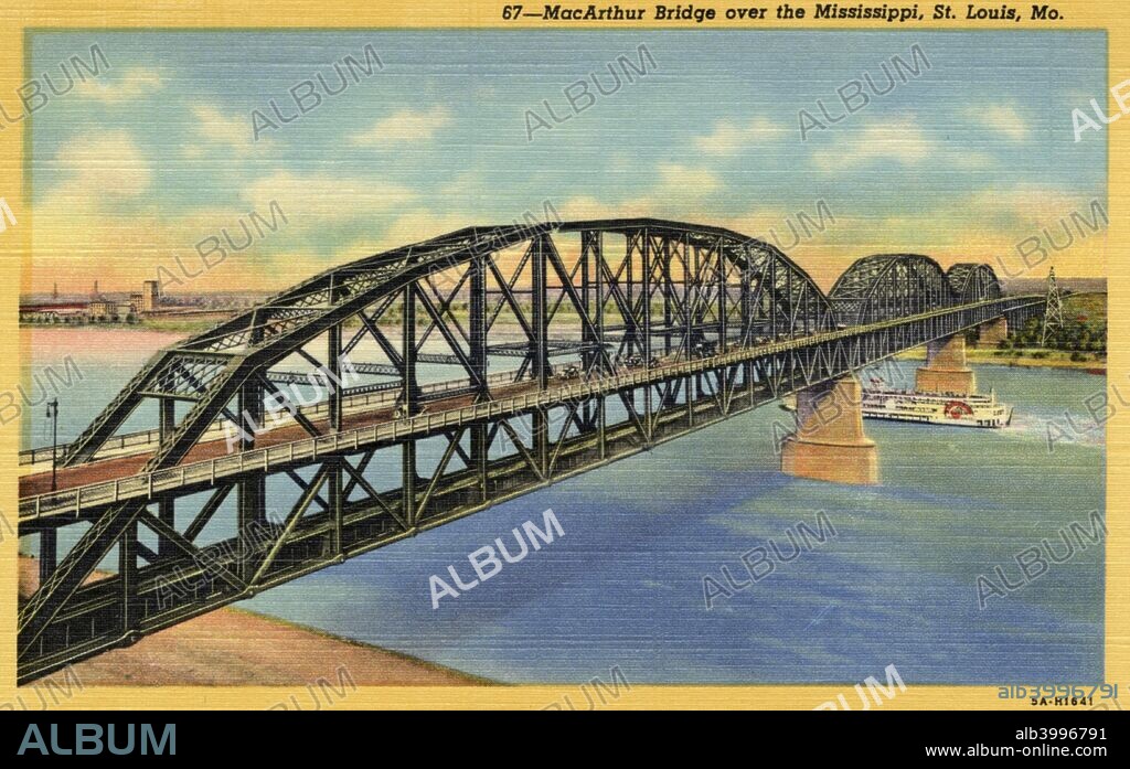 MacArthur Bridge over the Mississippi, St Louis, Missouri, USA, 1940s(?). Vintage linen postcard. A paddlewheel river boat is seen sailing under the bridge. Originally known as the St Louis Municipal Bridge, this truss bridge opened in 1917. It was renamed in honour of US General Douglas MacArthur in 1942. The bridge carried rail and road traffic across the Mississippi but today the road deck is disused.