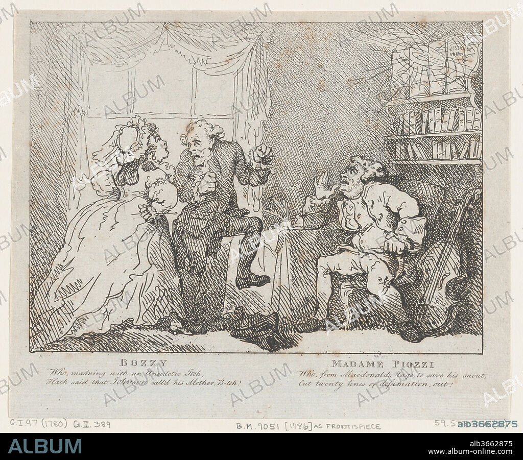 Frontispiece, from Bozzy and Piozzi by Peter Pindar, Esq. Artist: Thomas Rowlandson (British, London 1757-1827 London). Dimensions: Sheet: 9 3/8 × 7 3/16 in. (23.8 × 18.3 cm). Publisher: George Kearsley (London). Date: 1786.