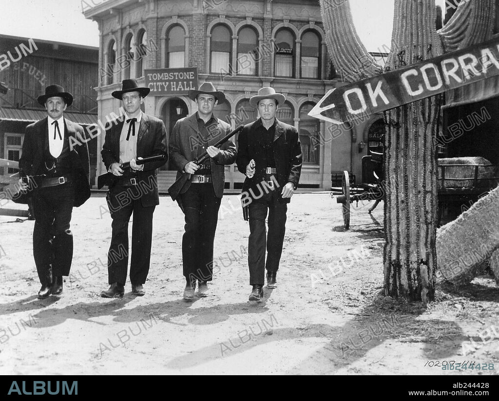 KELLEY DEFOREST, KIRK DOUGLAS, JOHN HUDSON and BURT LANCASTER. BURT LANCASTER, DEFOREST KELLEY, JOHN HUDSON and KIRK DOUGLAS in GUNFIGHT AT THE O. K. CORRAL, 1957, directed by JOHN STURGES. Copyright PARAMOUNT PICTURES.