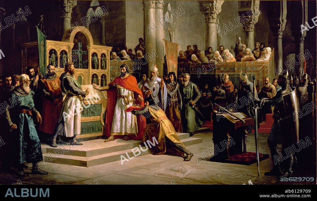 MARCOS HIRALDEZ ACOSTA (1830-1896). JURA DEL REY ALFONSO VI EN SANTA GADEA - 1864 - L - 2,60 x 4,50 - Nº INVENTARIO 11 - PINTURA HISTORICISTA.