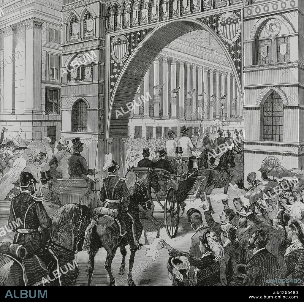James Abram Garfield (1831-1881). Vigésimo presidente de los Estados Unidos, del 4 de marzo de 1881 al 19 de septiembre de 1881. Washington: Regreso del General James A. Garfield a la Casa Blanca, después de su proclamación oficial, el 4 de marzo 1881. Grabado por Rico. La Ilustración Española y Americana,30 de marzo de 1881.