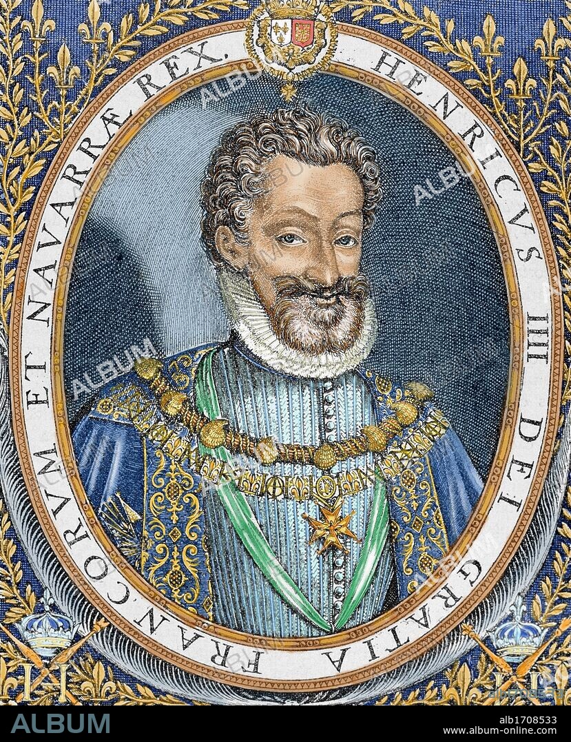 ENRIQUE IV "EL GRANDE" (Pau,1553-París,1610). Rey de Navarra en 1562 (Enrique III) y rey de Francia en 1589-1610. Fue jefe de los hugonotes (1569) y sucedió a su madre Juana de Albret en Navarra. Se salvó de la Noche de San Bartolomé (1572) abjurando del calvinismo. Tras su alianza con los protestantes estableció la tolerancia religiosa. Fue asesinado por Ravaillac fanático católico. Grabado coloreado.