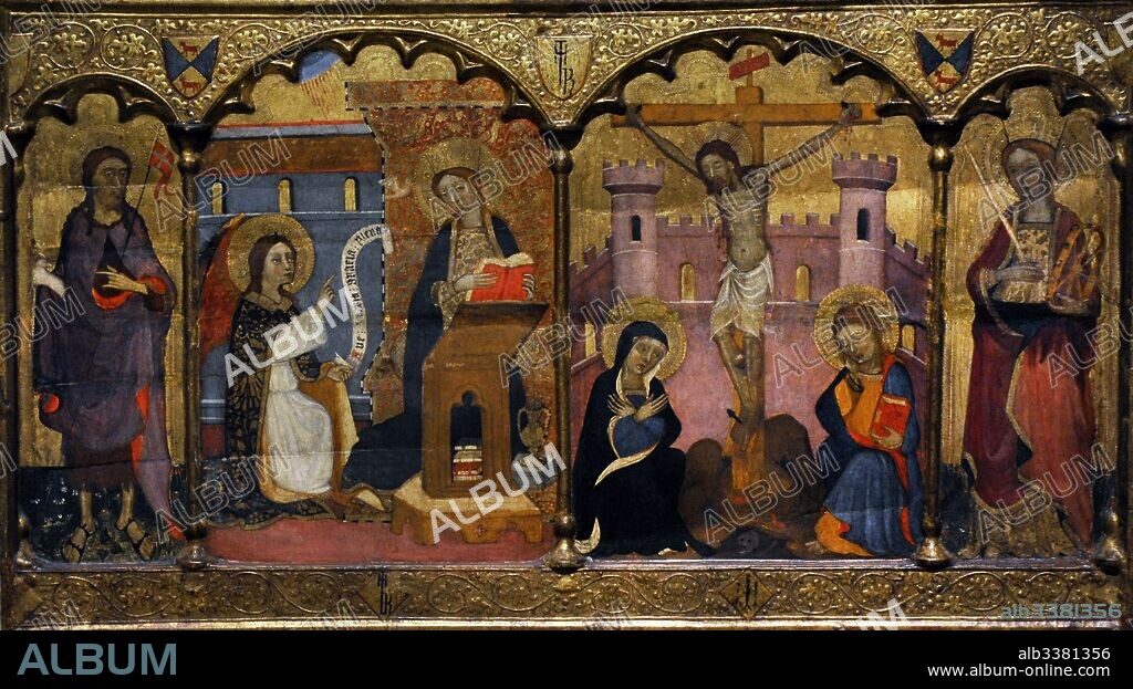 Francesc Comes (active between 1390-1415). Saint John the Baptist, Annunciation, Crucifixion and Saint Catherine of Alexandria, c.1400. Fragment of the predella. Unknown origin. National Art Museum of Catalonia. Barcelona. Catalonia. Spain.