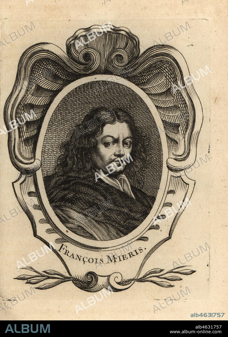 Portrait of Frans van Mieris the Elder, Dutch Golden Age painter 1635-1681 Francois Mieris. Copperplate engraving after a self portrait by Frans van Mieris from Antoine-Joseph Dezallier dArgenvilles Abrege de la vie des plus fameux peintres, Lives of the most Famous Artists, de Bure lAine, Paris, 1762.