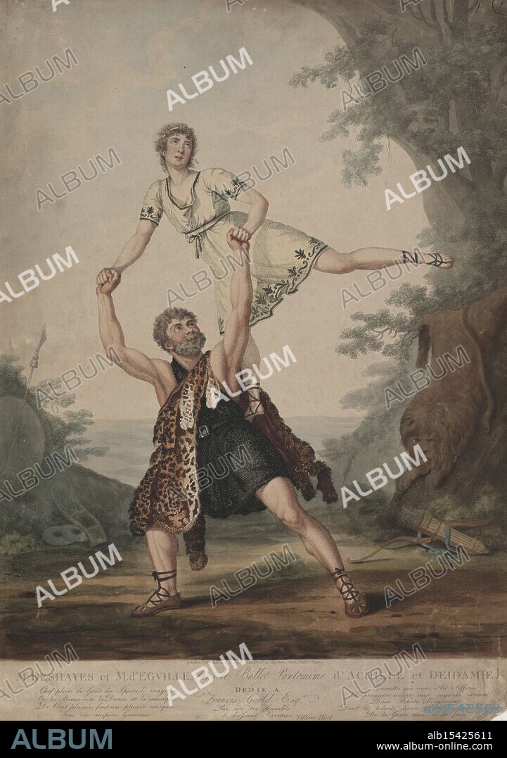 M. Deshayes and M. d'Egville, in the pantomime ballet of Achille and Déidamie, 1804, Cardon, Anthony, 1772-1813, Additional title: Achilles and Deidamie, Date Issued: 1804, Place: London, Publisher: Anthy. Cardon, Deshayes, André Jean Jacques, 1777-1846, Achille and Déidamie (Choreographic work: D'Egville), Egville, J.-H. d, Ballet, England, 19th century, Aquatints, Extent: Hand-colored aquatint engraving image including caption: 48 x 34.5 cm., Dancing shadows fall, Achilles' tale unfolds slow, Moonlit beauty stays.